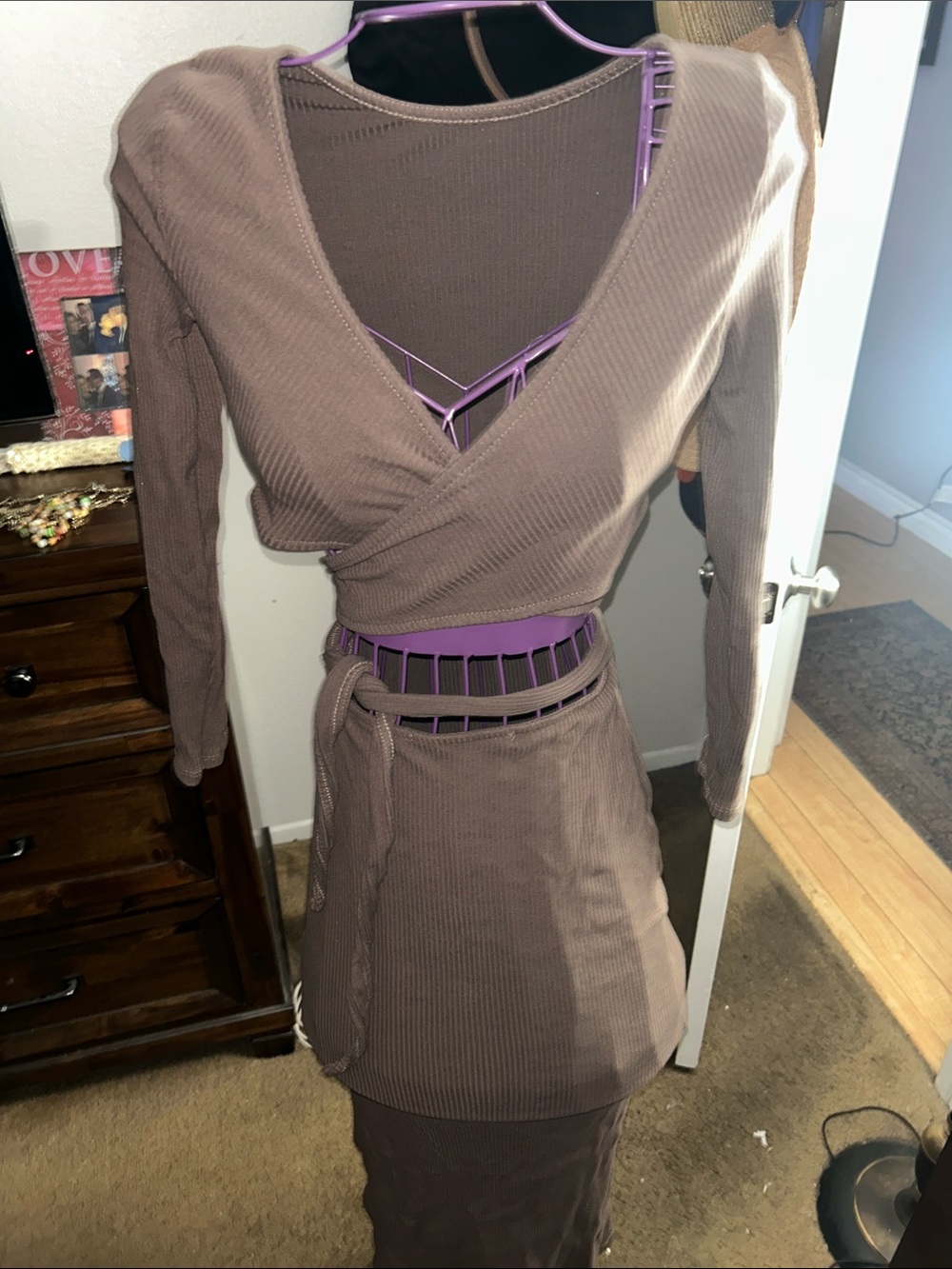 Women’s Brown Ribbed Wrap Skirt Set